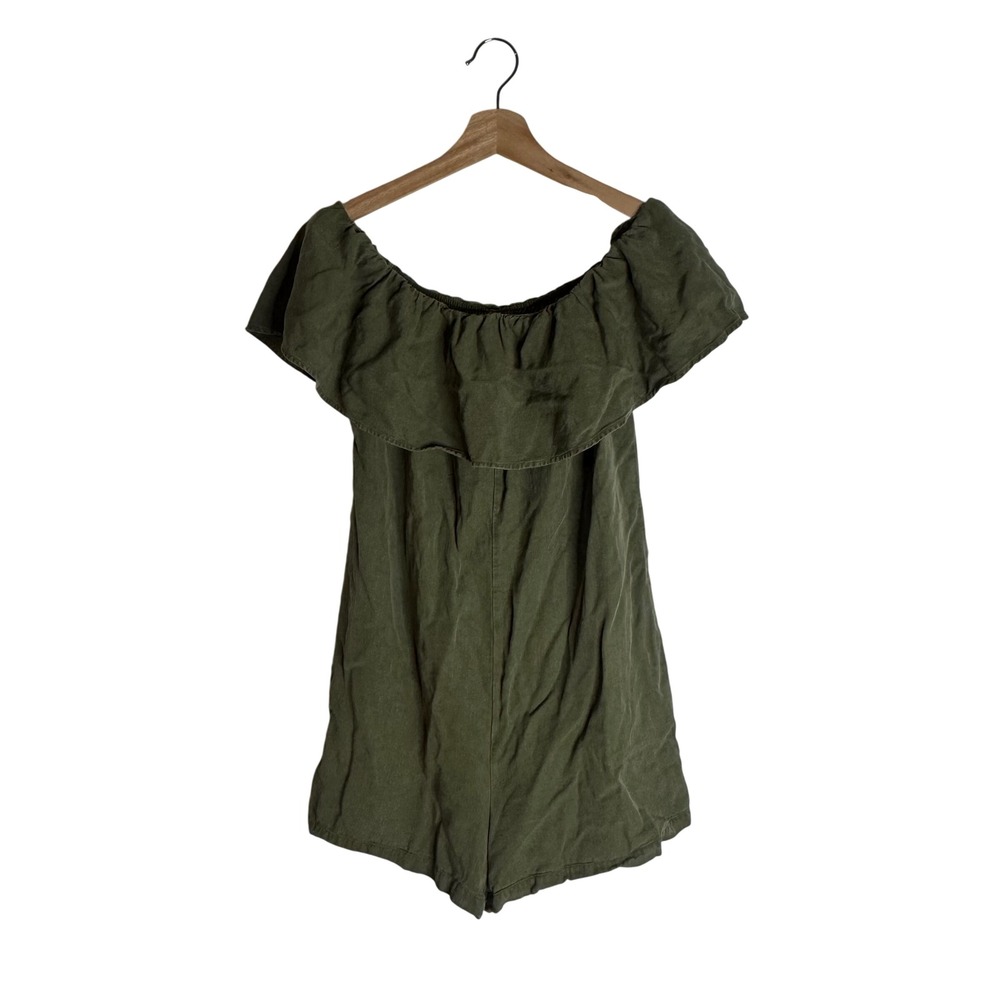 Zara Romper Womens Off The Shoulder Ruffle Lyocell Olive Green XS